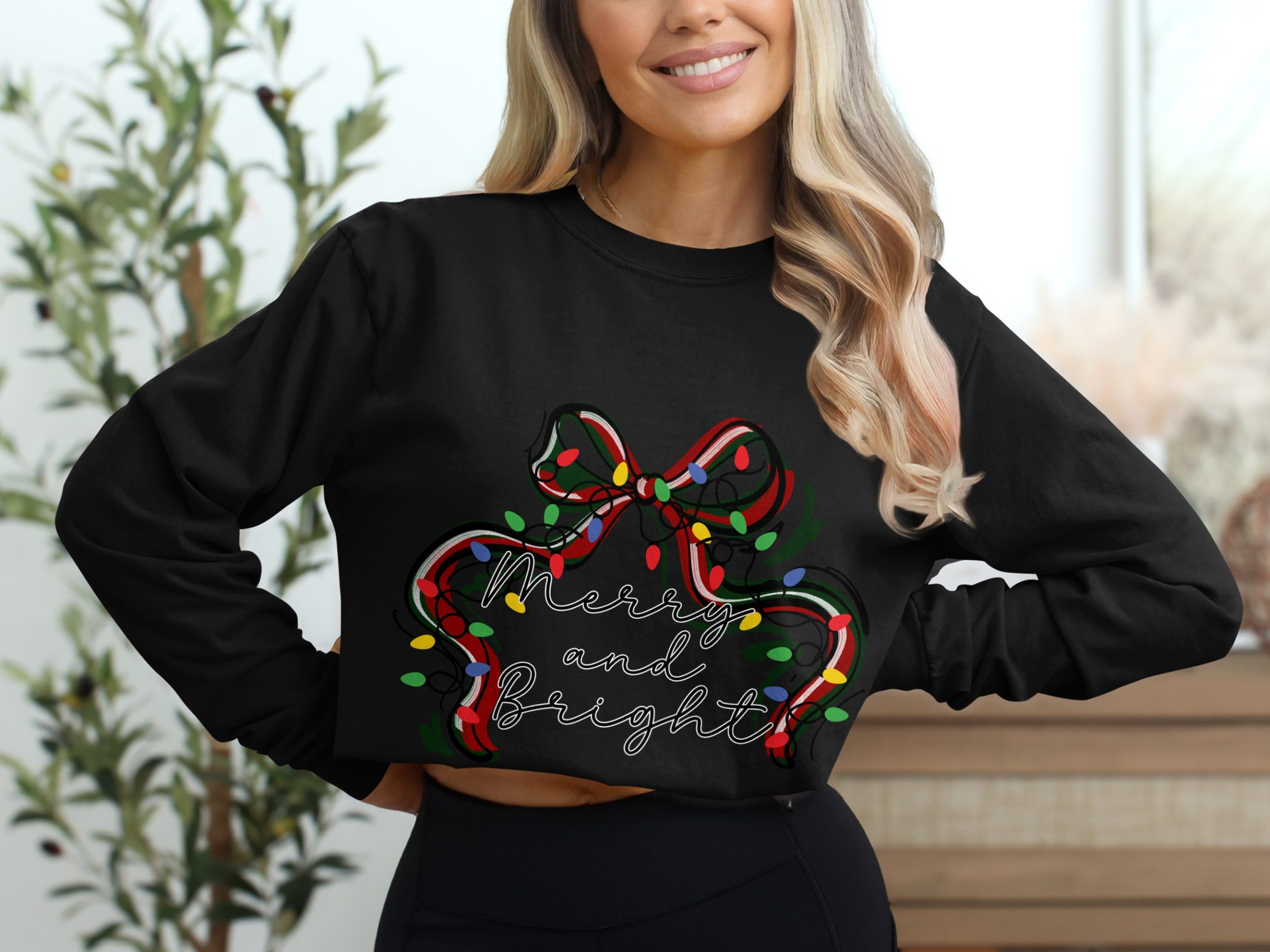 Merry and Bright Long Sleeve T-Shirt, Christmas Bow Shirt, Holiday Long Sleeve Tee, Winter Outfit, Festive Season Shirt, Gift Idea - Image 2