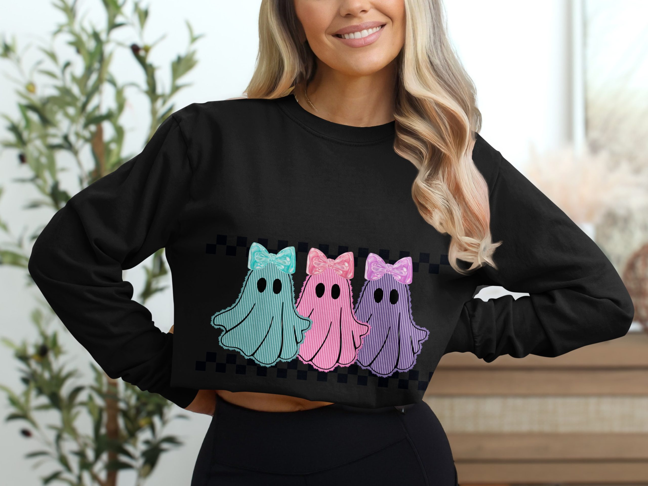 Cute Ghost Long Sleeve T-Shirt, Pastel Goth Shirt, Spooky Season Tee, Kawaii Aesthetic, Ghost with Bow, Trendy Halloween Shirt - Image 2