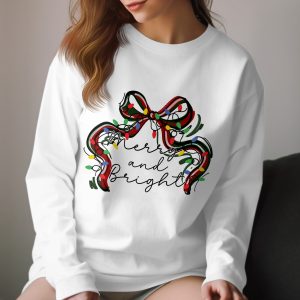 Merry and Bright Long Sleeve T-Shirt, Christmas Bow Shirt, Holiday Long Sleeve Tee, Winter Outfit, Festive Season Shirt, Gift Idea