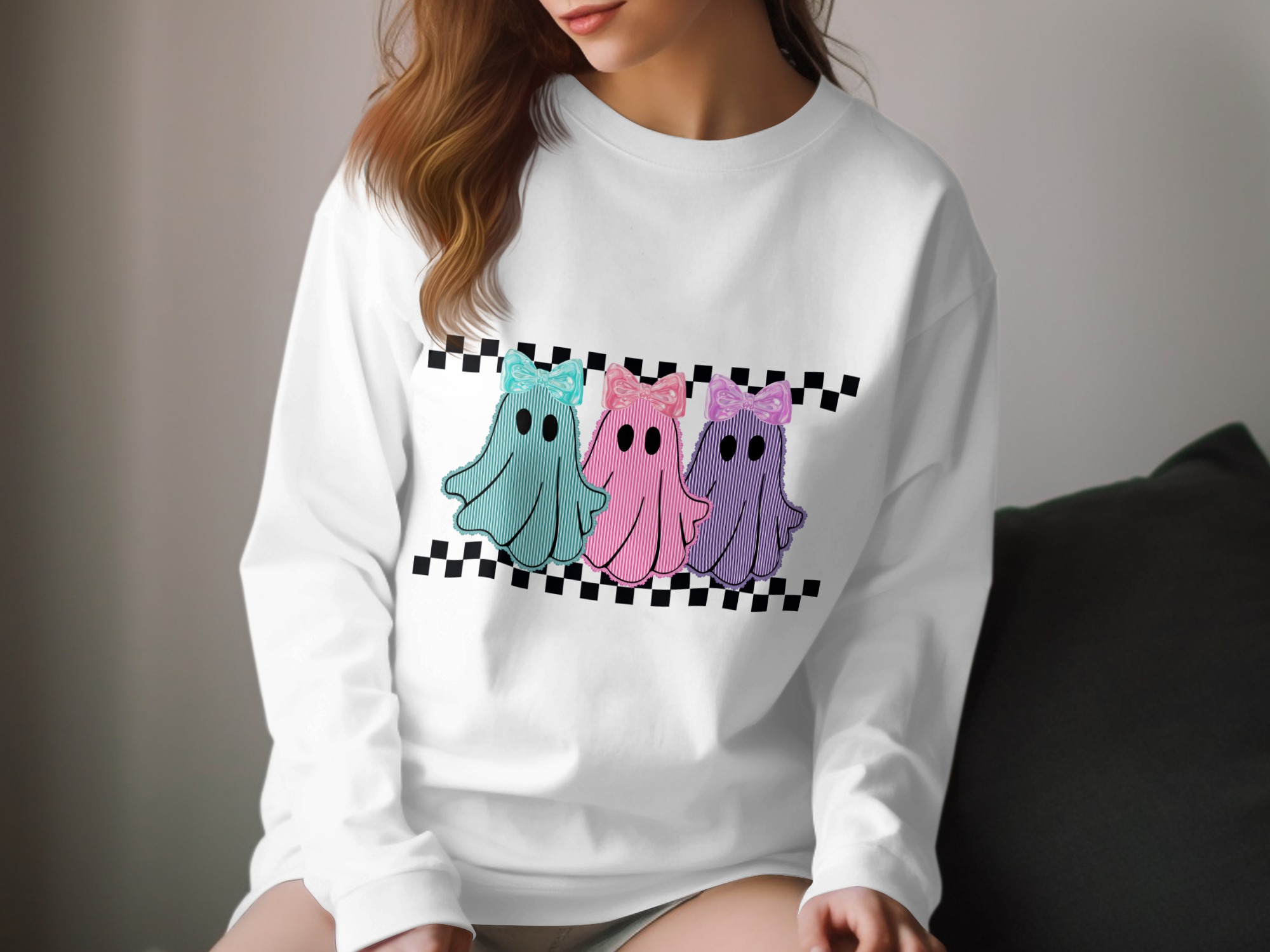 Cute Ghost Long Sleeve T-Shirt, Pastel Goth Shirt, Spooky Season Tee, Kawaii Aesthetic, Ghost with Bow, Trendy Halloween Shirt