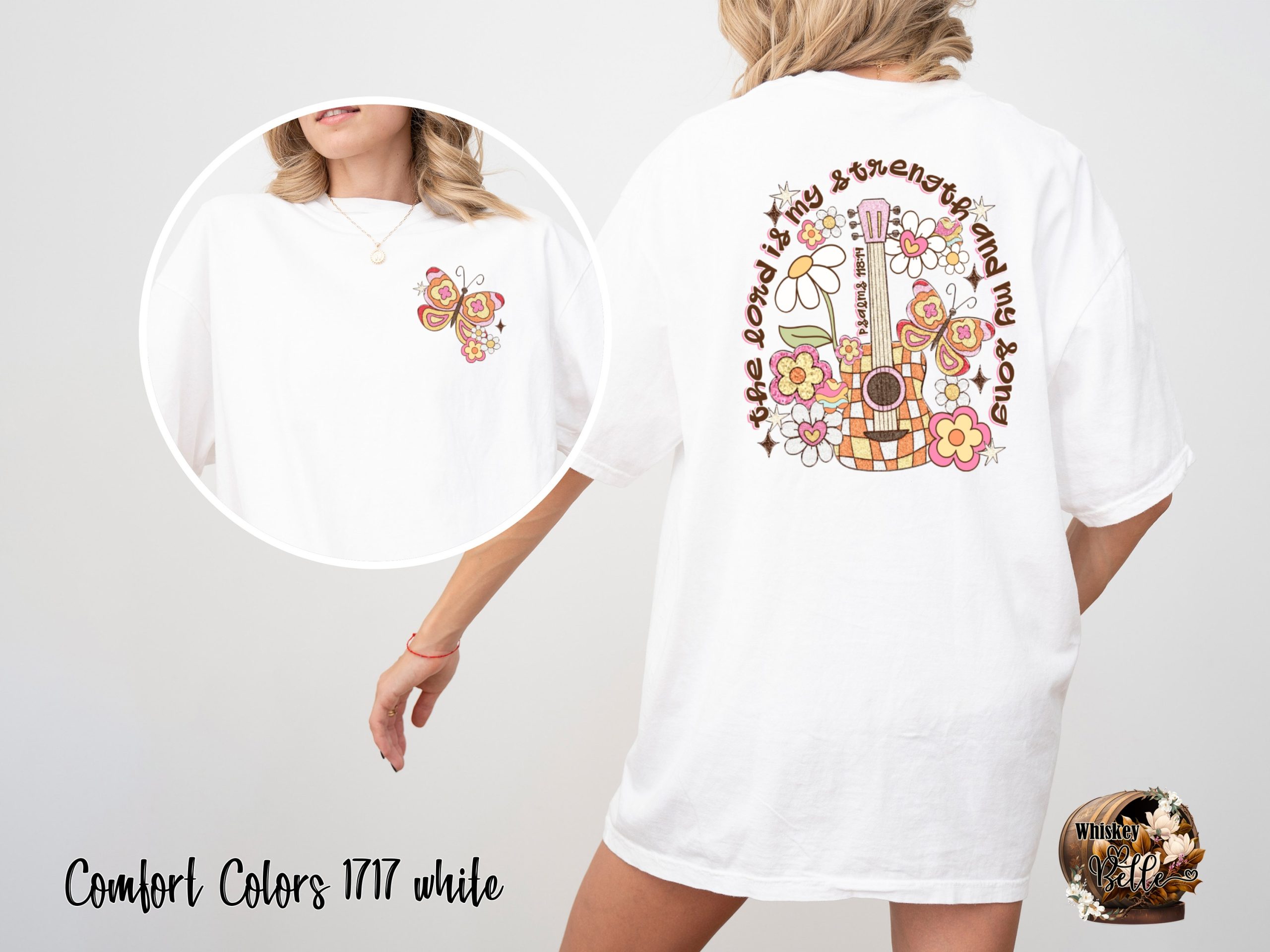 Comfort Colors C1717 Guitar Butterfly T-Shirt, Retro Floral Tee, Psalms 118 14 Shirt, Faith Based T-Shirt, Christian Shirt, Boho TShirt