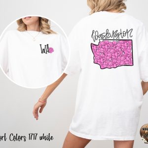 Washington State Flower Rhododendron T Shirt, WA Pink Floral Map Tee, Pacific Northwest Gift, PNW Travel Souvenir, USA State Pride