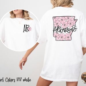 Comfort Colors C1717 Arkansas Floral T-Shirt, Southern State Pride Tee, Pink Blossom Arkansas Outline Shirt, AR Initial Flower Tee, State