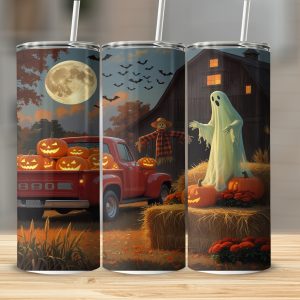 Halloween 20oz Tumbler Wrap Digital Download, Fall Truck Pumpkin, Scarecrow Ghost Sublimation Design, Full Tumbler Template, Seamless Design