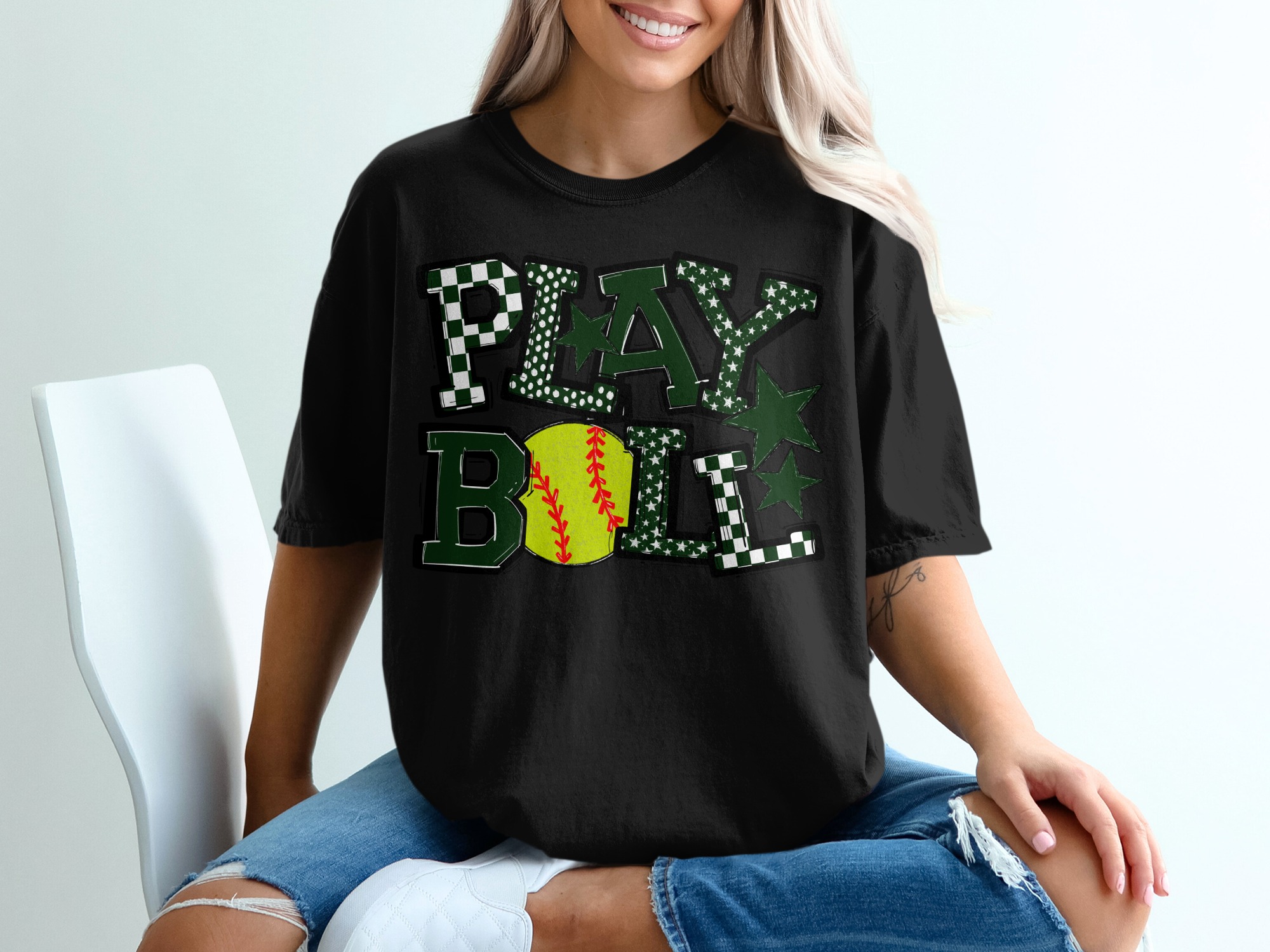Play Ball T-Shirt, Softball Shirt, Sports Fan Tee, Green Play Ball Design, Gift for Baseball Lover, Trendy T Shirt for Women, Girls T-Shirt - Image 2