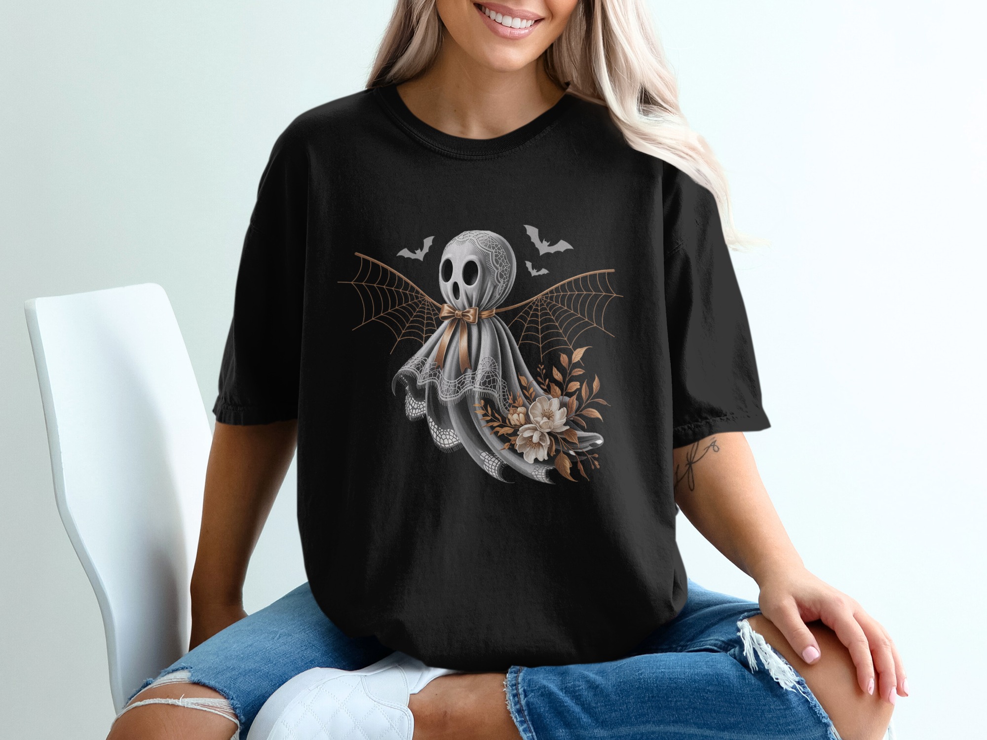 Spooky Ghost T-Shirt, Halloween T-Shirt, Floral Ghost Tee, Cute Ghost Shirt, Women's Ghost Apparel, Graphic T-Shirt, Fall T-Shirt - Image 2
