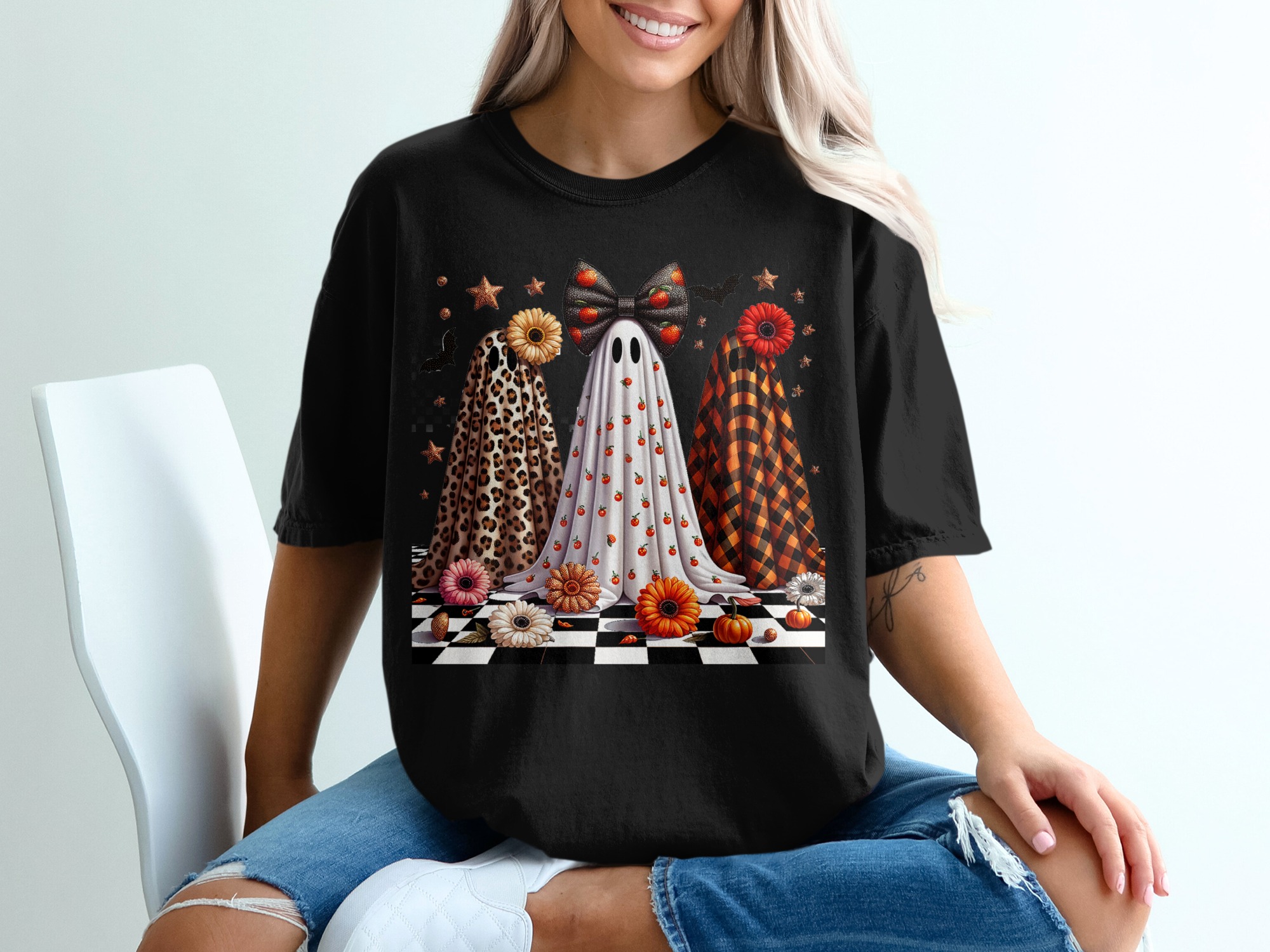 Spooky Season T-Shirt, Halloween Ghosts Tee, Cute Ghost Shirt, Fall Apparel, Floral Pumpkins, Festive Halloween T Shirt, Halloween Gift - Image 2