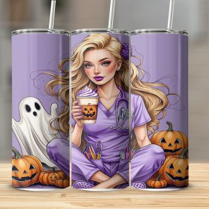 Halloween Nurse 20oz Tumbler Wrap, Digital Sublimation Download, Ghost Pumpkin Nurse Design, Spooky Season PNG, Cute Tumbler Design