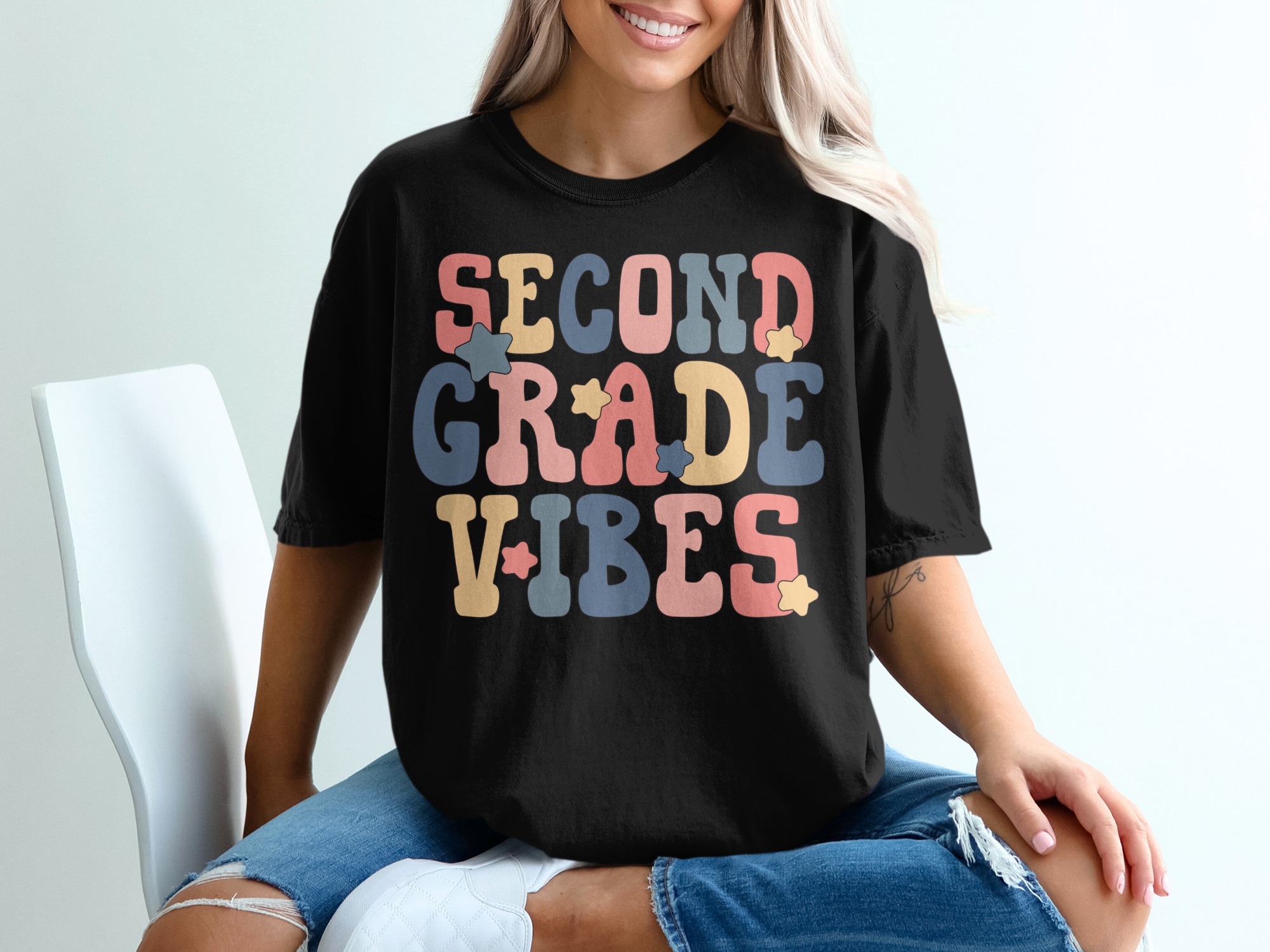 Second Grade Vibes T-Shirt, Teacher Shirt, Retro School Tee, Elementary School Teacher, Back to School, Cute Teacher Gift, Groovy Vibes - Image 2