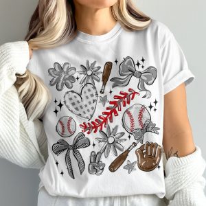 Baseball Doodle Comfort Colors 1717 T-Shirt, Cute Baseball Tee, Baseball Bows and Flowers Shirt, Baseball Bats and Mitts T Shirt