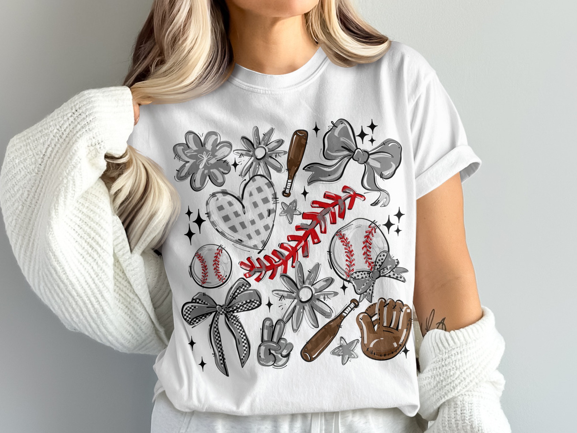 Baseball Doodle Comfort Colors 1717 T-Shirt, Cute Baseball Tee, Baseball Bows and Flowers Shirt, Baseball Bats and Mitts T Shirt