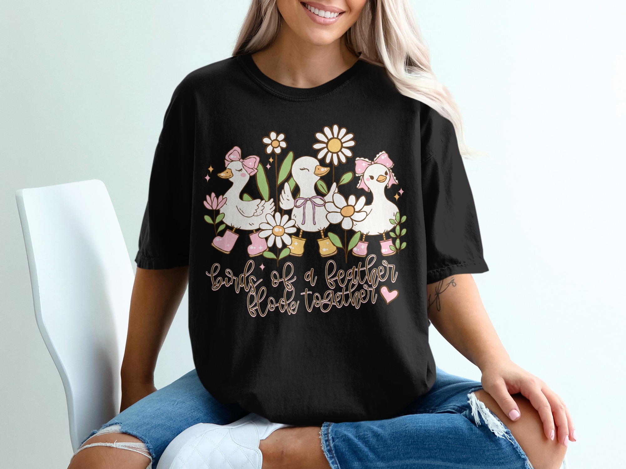 Birds of a Feather T-Shirt, Cute Duck Tee, Floral TShirt, Animal Lover Gift, Flock Together Shirt, Kawaii Style Top, Unique T-Shirt - Image 2