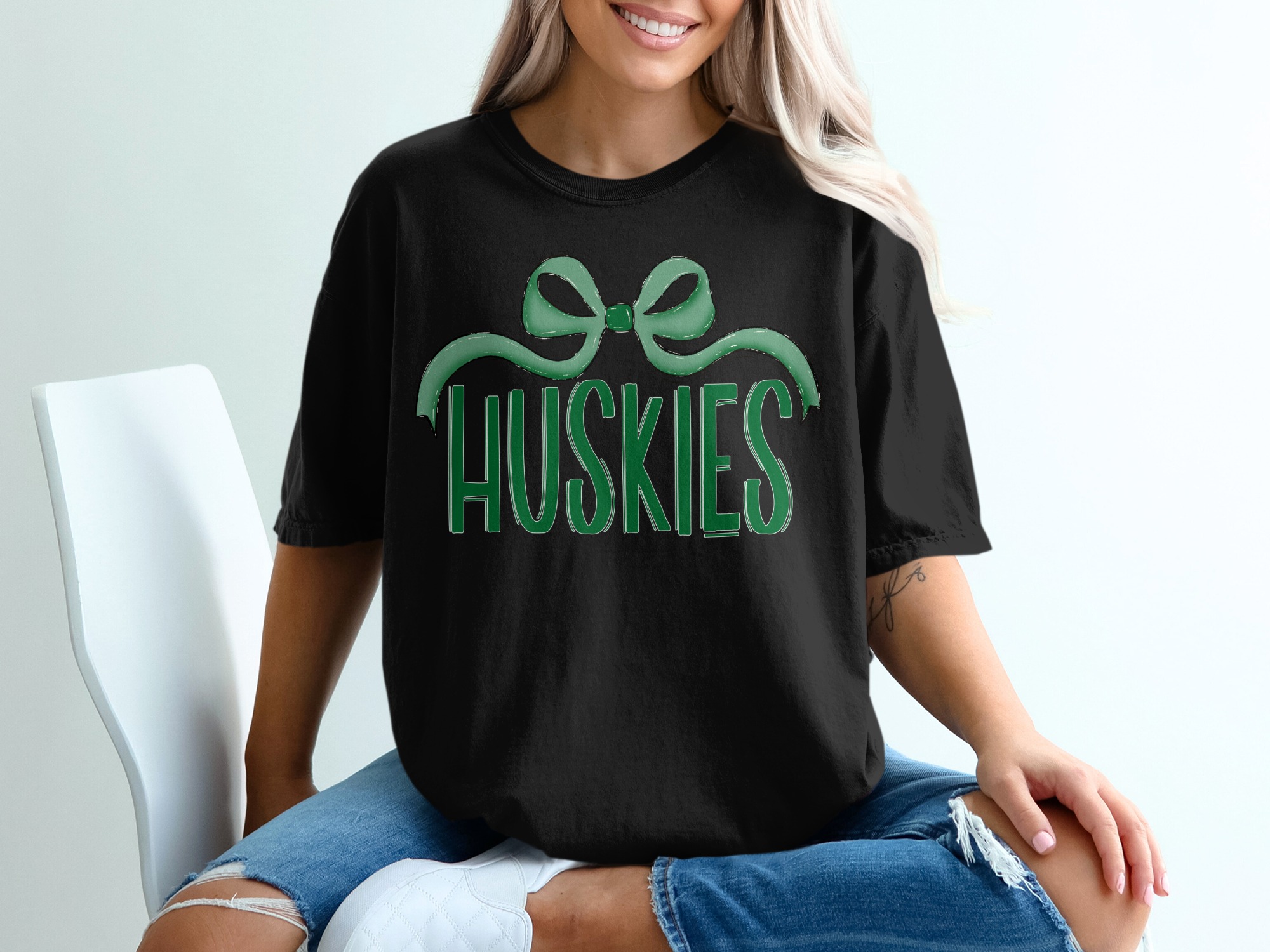 Huskies T-Shirt, Green Bow Shirt, Comfort Colors 1717 Tee, Trendy Graphic Tee, Cute College Shirt, Gift for Her, Game Day Shirt - Image 3