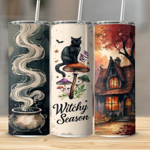 Witchy Season 20oz Tumbler Wrap, Digital Download, Spooky Tumbler Design, Black Cat, Cauldron Sublimation, Autumn House, Instant Download