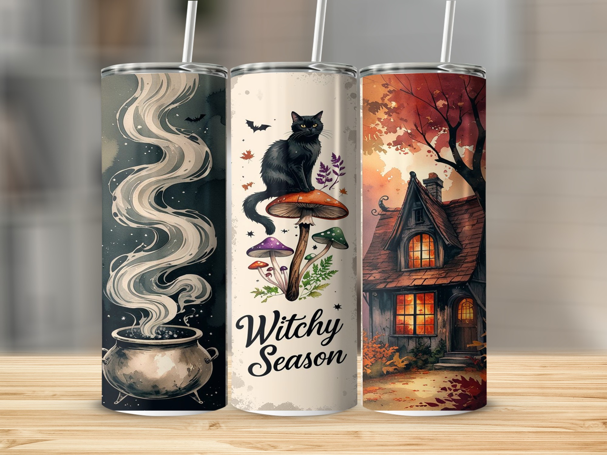 Witchy Season 20oz Tumbler Wrap, Digital Download, Spooky Tumbler Design, Black Cat, Cauldron Sublimation, Autumn House, Instant Download