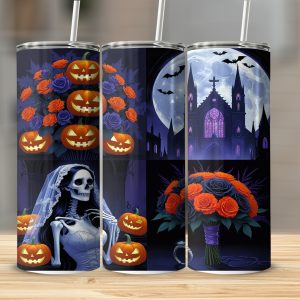 Halloween Tumbler Wrap, Spooky Digital Download, 20oz Sublimation Design, Pumpkin Church Skeleton Bride, Gothic Halloween, Roses