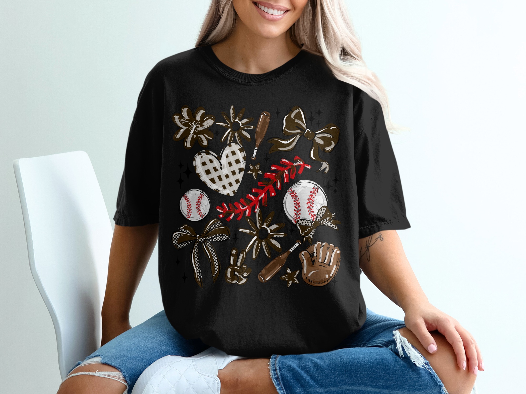 Baseball T-Shirt, Flower Bow Bat Tee, Comfort Colors 1717, Game Day Vibes, Cute Baseball Design Shirt, Graphic Tee, Trendy T-Shirt, Baseball - Image 3