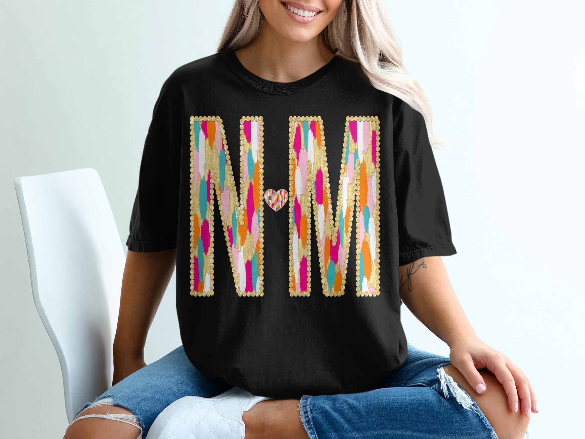 NM T-Shirt, Comfort Colors 1717, Colorful Initial Tee, Gold Accent Shirt, Heart Initials Gift, Stylish Monogram Shirt, Custom Name Shirt - Image 3