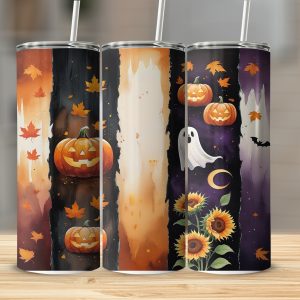 Halloween Tumbler Wrap, Digital, Sublimation 20oz Tumbler Download, Pumpkin Ghost Design, Autumn Leaves, Fall Tumbler Design, Digital Art