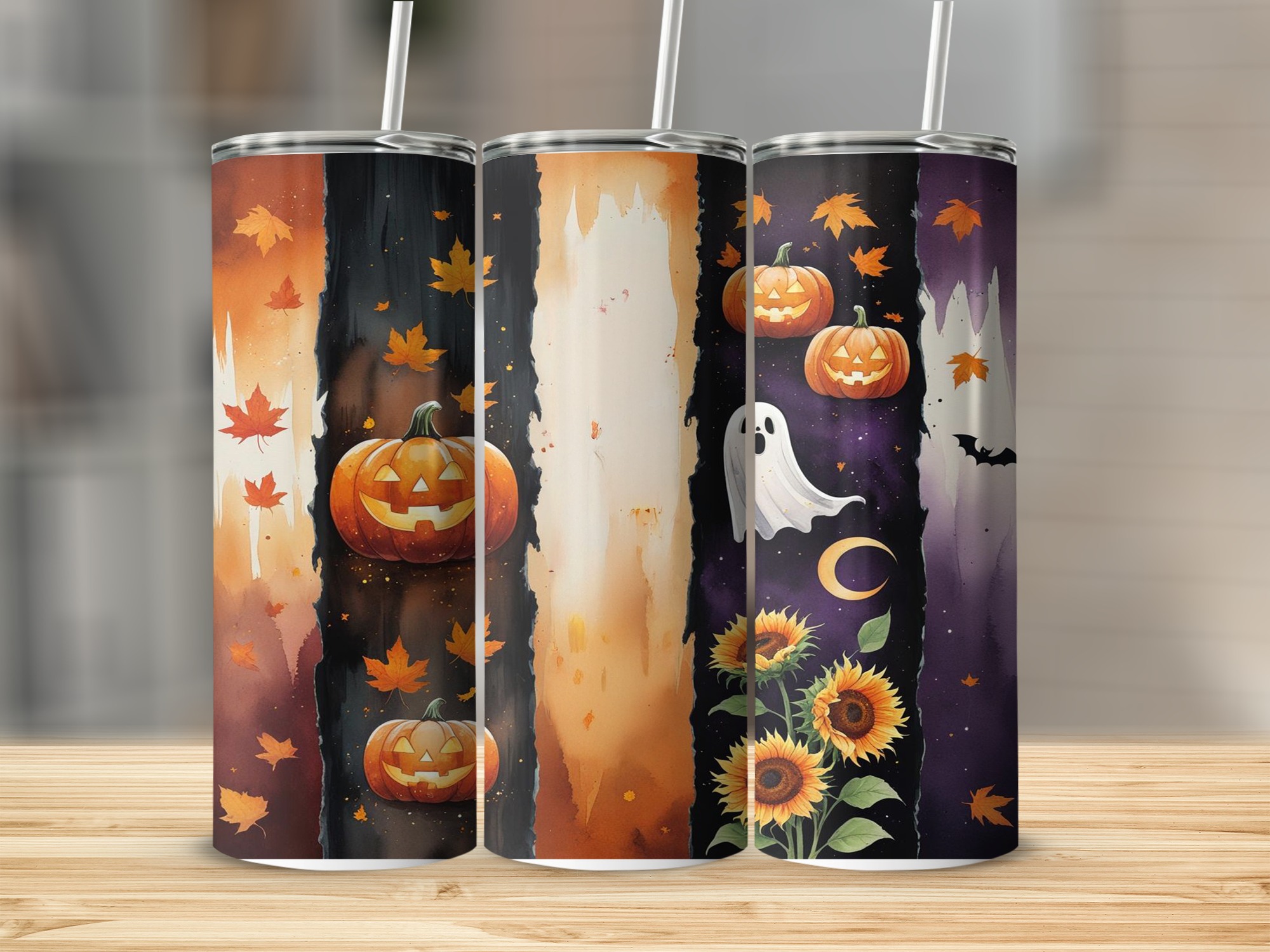 Halloween Tumbler Wrap, Digital, Sublimation 20oz Tumbler Download, Pumpkin Ghost Design, Autumn Leaves, Fall Tumbler Design, Digital Art