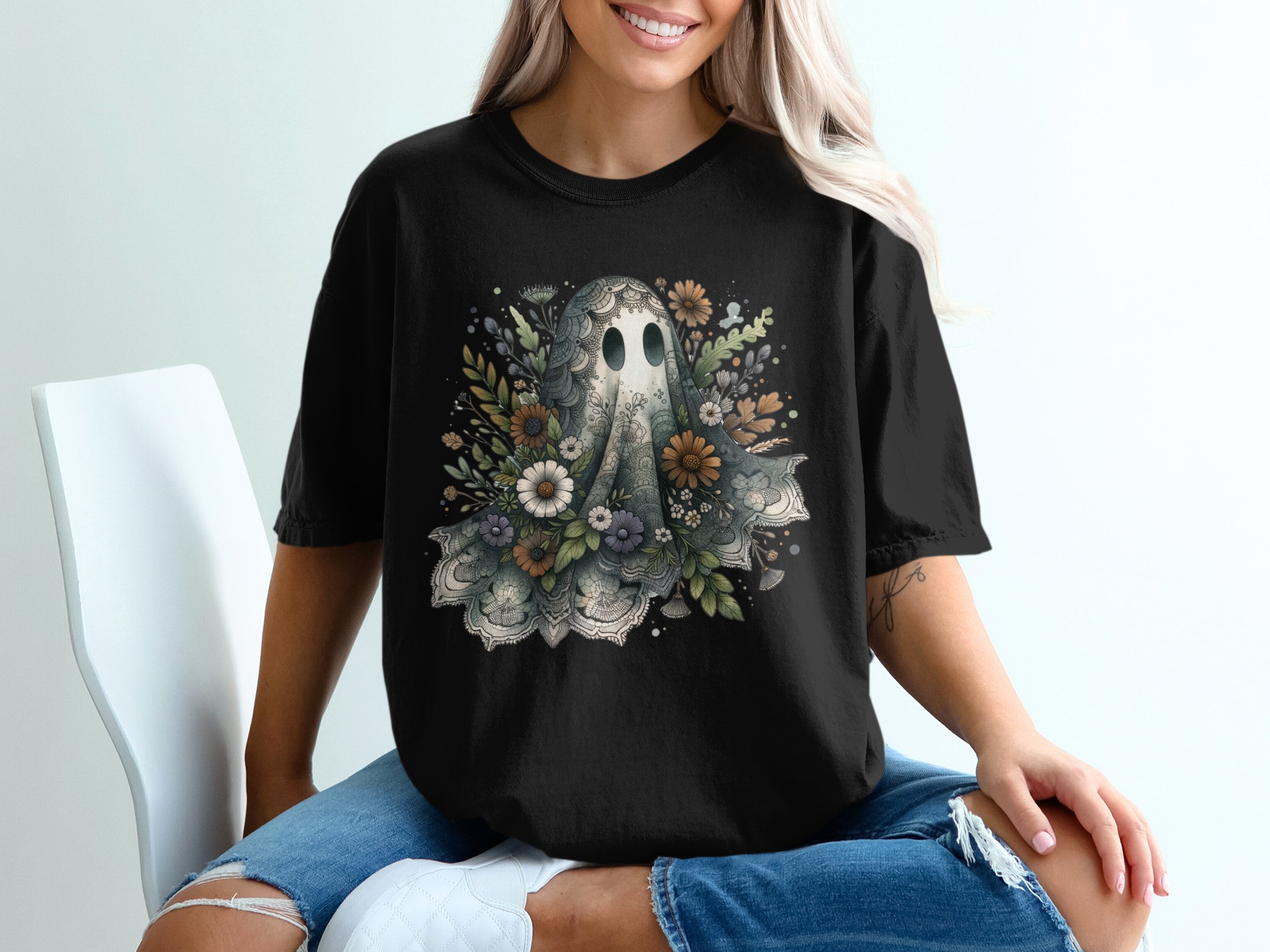 Floral Ghost T-Shirt, Spooky Season Shirt, Halloween Tee, Cute Ghost Design, Botanical Ghost Shirt, Autumn Apparel, Ghost Lover Gift - Image 2