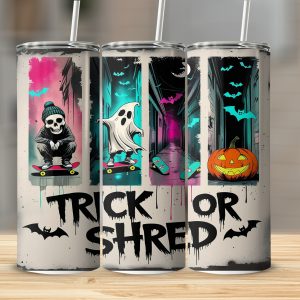 Trick or Shred Tumbler Wrap, Halloween Sublimation Design, Digital Download 20oz Tumbler, Skateboard Ghost Pumpkin, PNG Instant File