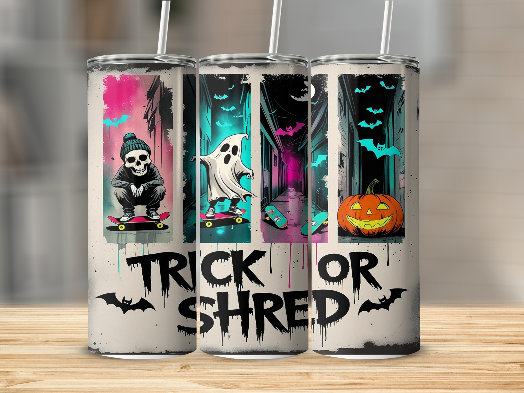 Trick or Shred Tumbler Wrap, Halloween Sublimation Design, Digital Download 20oz Tumbler, Skateboard Ghost Pumpkin, PNG Instant File