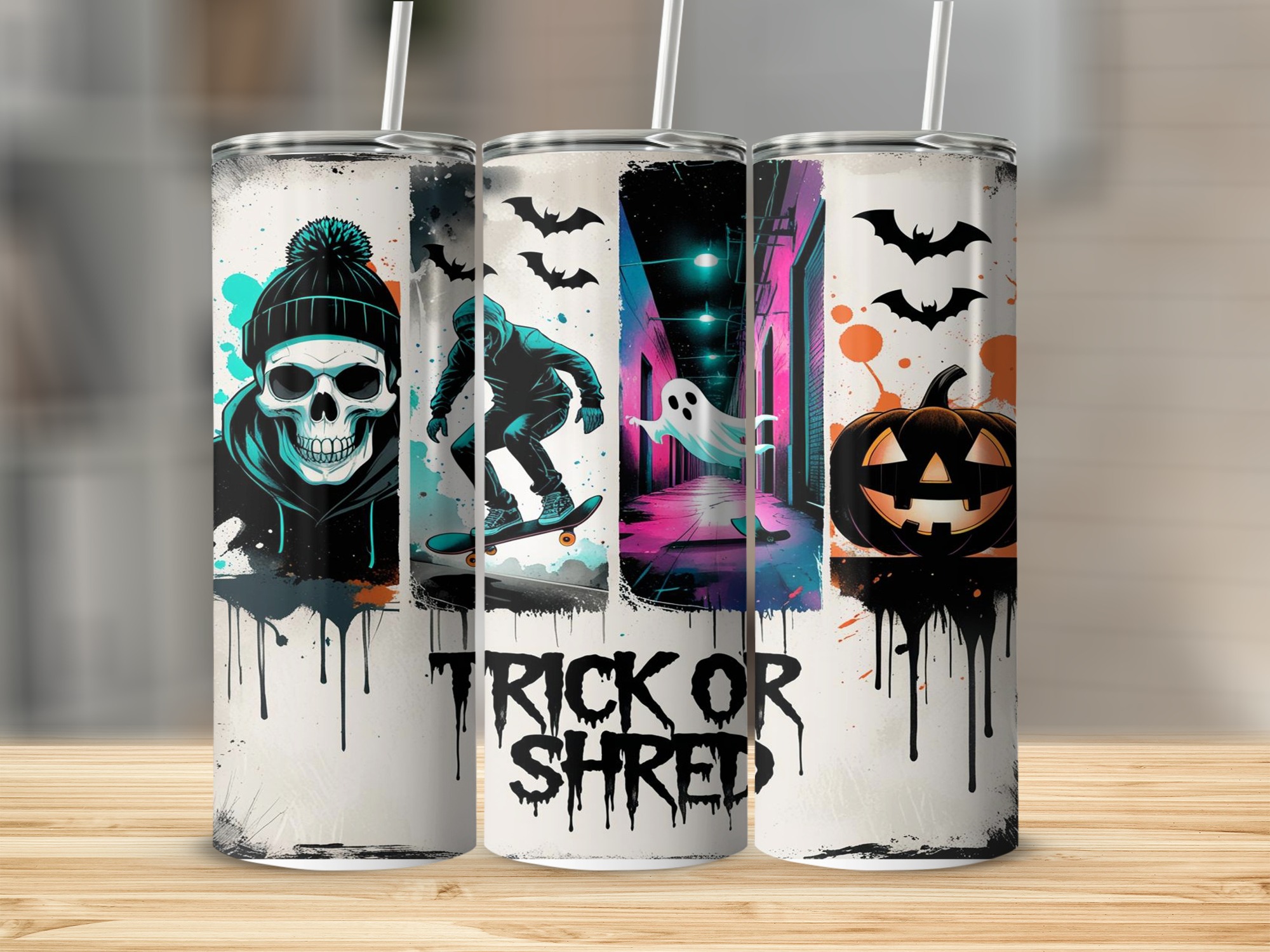 Trick Or Shred, Skull Sublimation 20oz Tumbler Wrap, Halloween Tumbler Design, Skateboard Ghost Tumbler, Digital Download, Funny Wrap