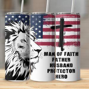 Lion American Flag 20oz Sublimation Design, Christian Tumbler, Man Of Faith Father Husband Hero, Patriotic Digital Download, PNG