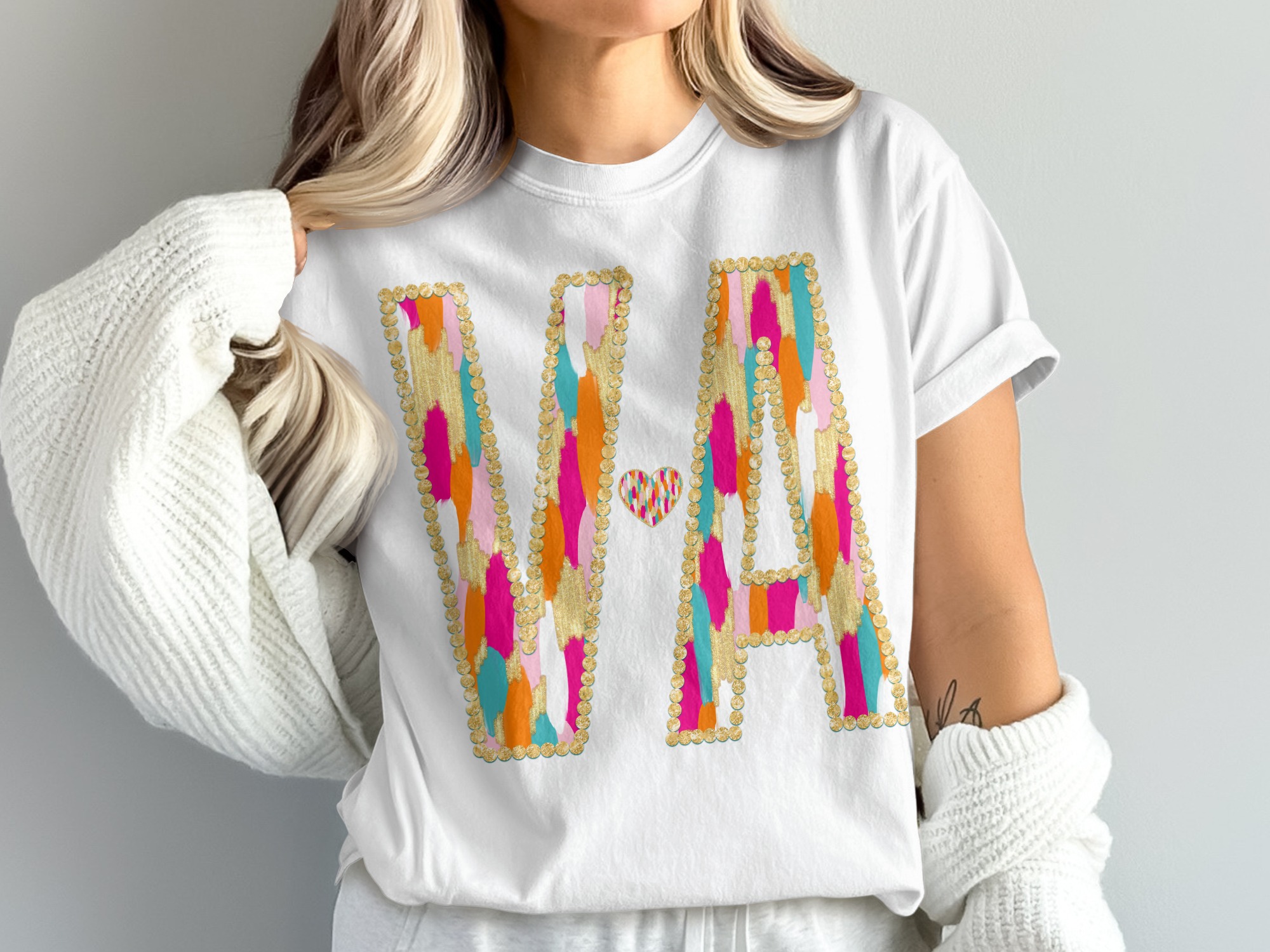 VA Letters T-Shirt, Initial Heart Shirt, Gold Letters Tee, Vibrant Painted Comfort Colors 1717 Shirt, Personalized Gifts, V A T Shirt