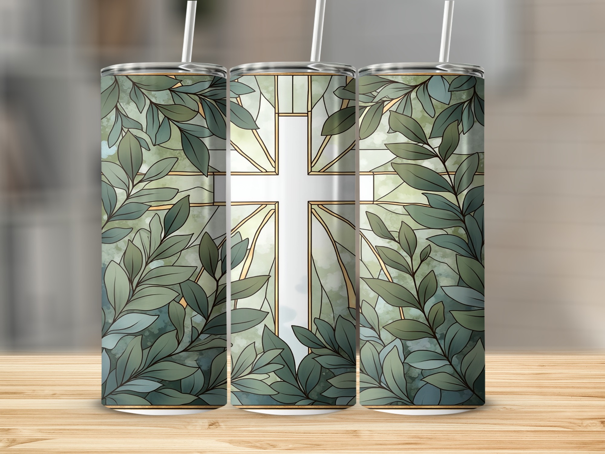 Cross Leaves Digital Download, 20oz Sublimation Design, Christian Tumbler Design, Religious Tumbler, Stained Glass Tumbler, DIY Gift