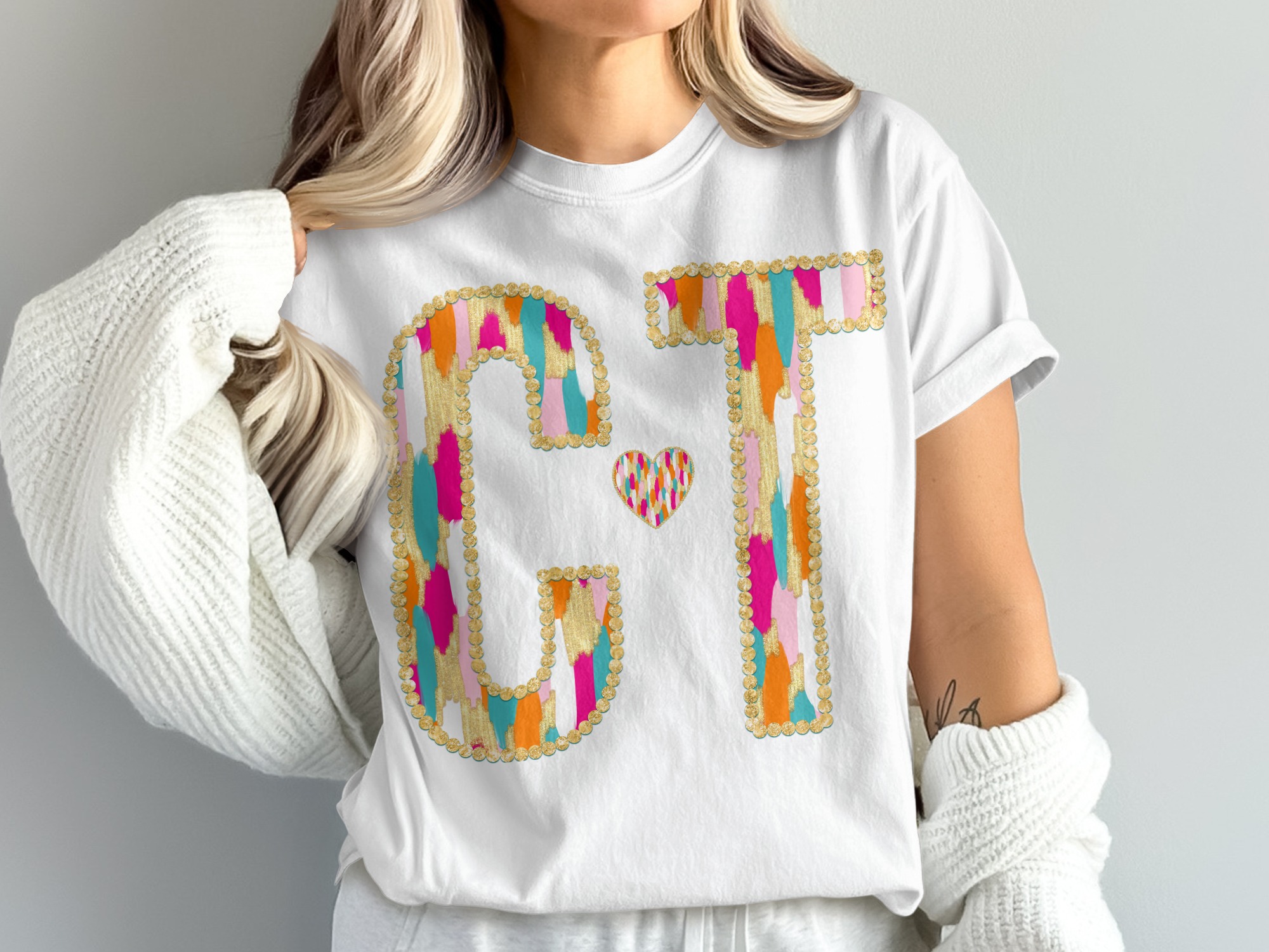 CT Initial T-Shirt, Colorful Letter Tee, Gold Accent Shirt, Heart, Comfort Colors 1717, Trendy T-Shirt, Gift For Her, Initial Shirt