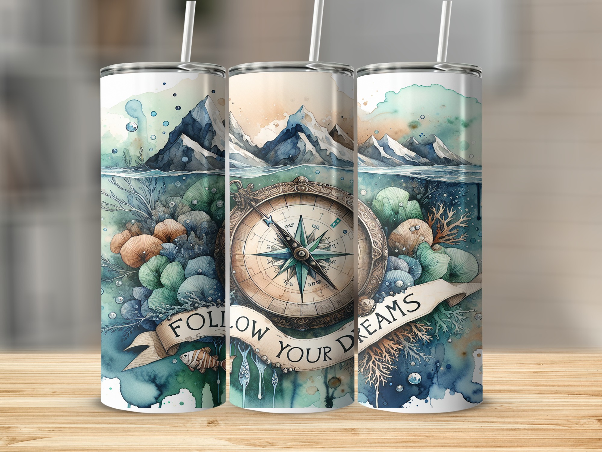Watercolor Compass 20oz Sublimation Digital Download, Follow Your Dreams Tumbler Design, Nautical Tumbler Wrap, Mountain Tumbler PNG