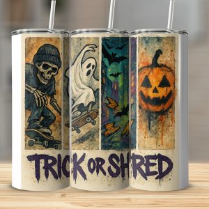Trick Or Shred Tumbler Wrap, Halloween Digital Download, Sublimation 20oz Tumbler Design, Skateboard Skeleton, Ghost, Pumpkin