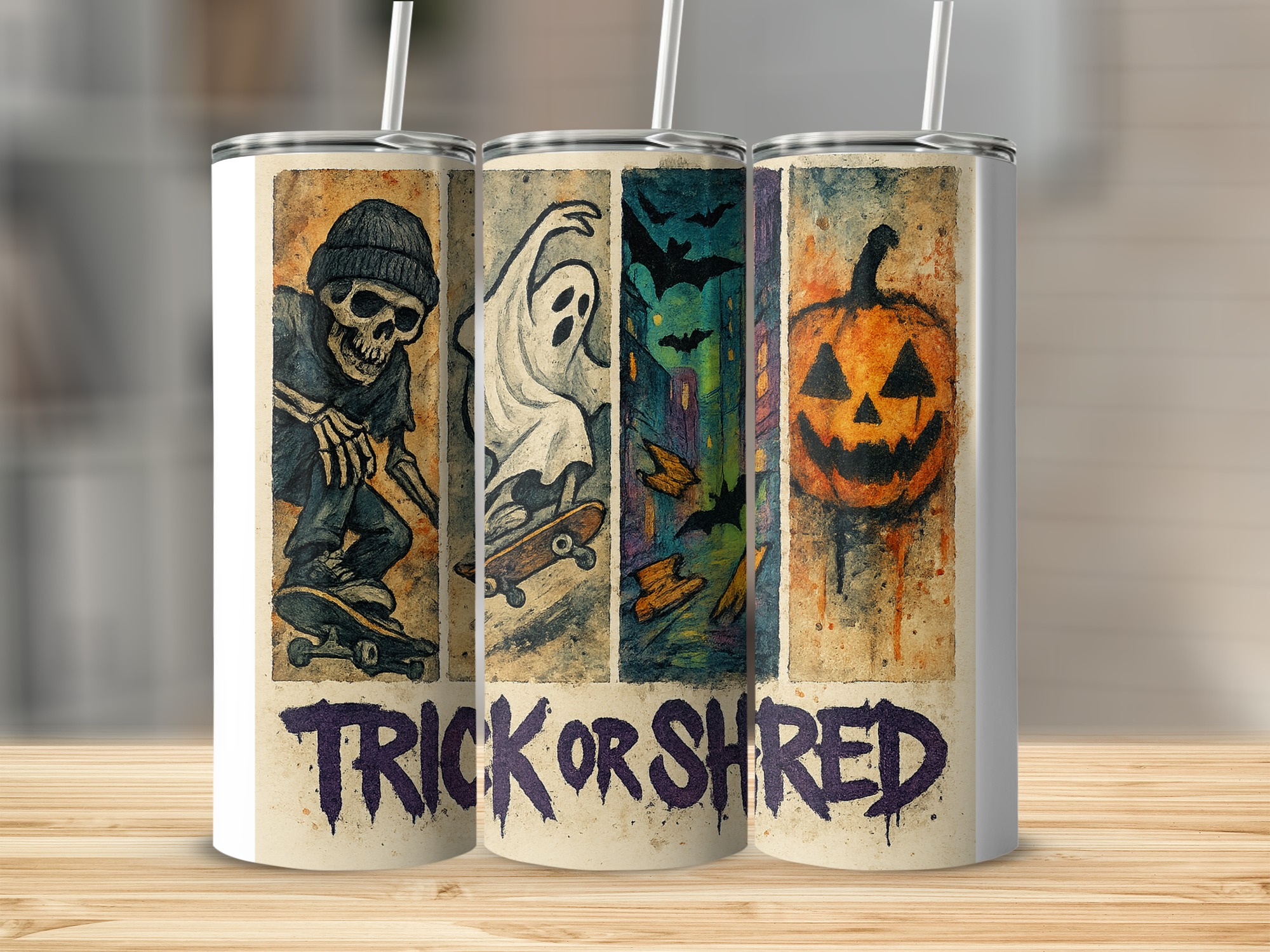 Trick Or Shred Tumbler Wrap, Halloween Digital Download, Sublimation 20oz Tumbler Design, Skateboard Skeleton, Ghost, Pumpkin
