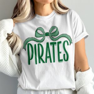 Pirates T-Shirt with Bow, Comfort Colors 1717, Green Pirates Design, School Mascot Shirt, Team Pride Tee, Game Day Apparel