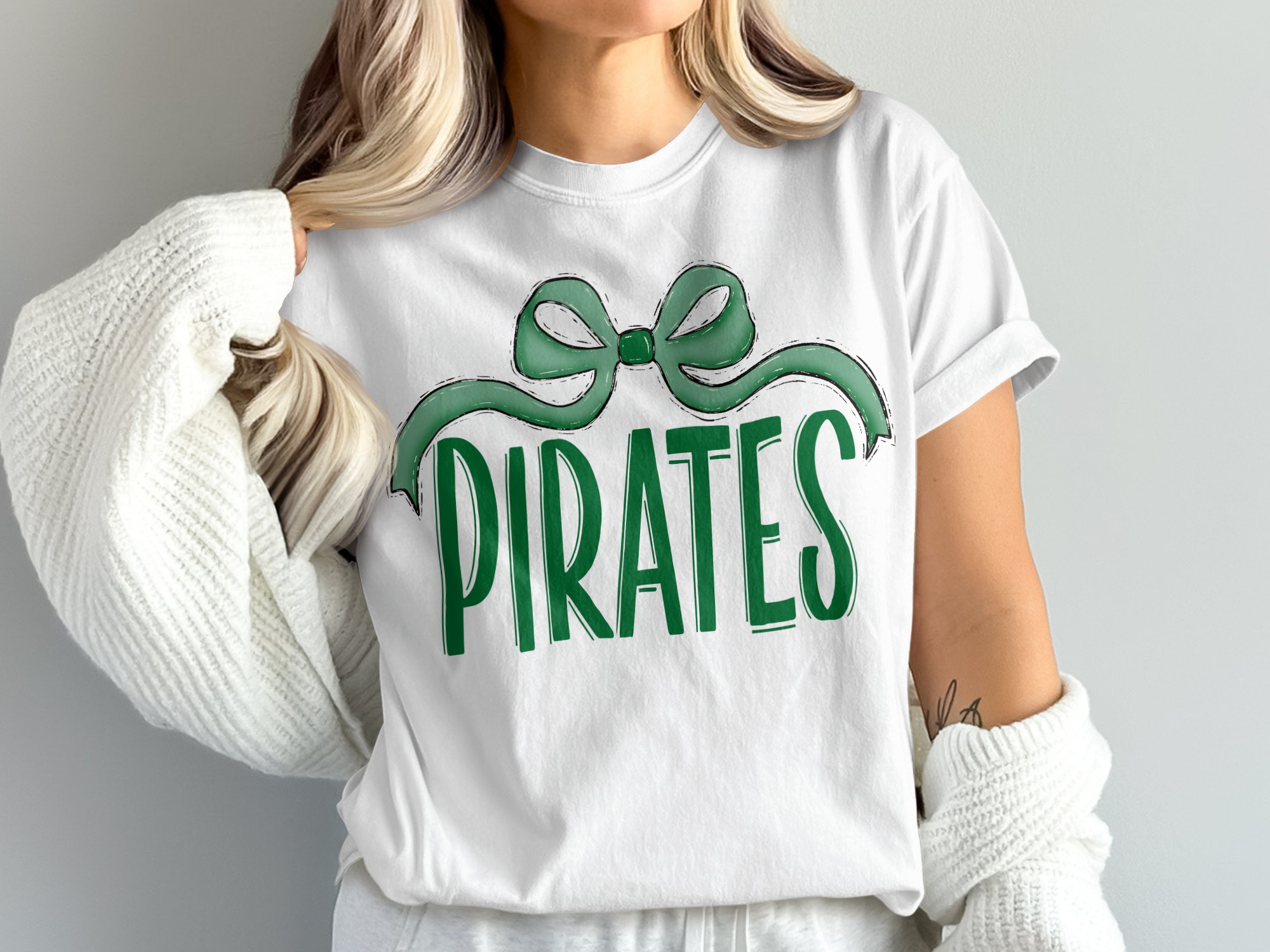 Pirates T-Shirt with Bow, Comfort Colors 1717, Green Pirates Design, School Mascot Shirt, Team Pride Tee, Game Day Apparel