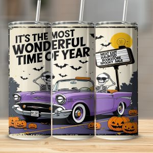 Digital,Sublimation Tumbler Wrap Digital Download, Spooky Skeleton Car, Halloween Tumbler Design, Wonderful Time of Year, Retro Car Tumbler