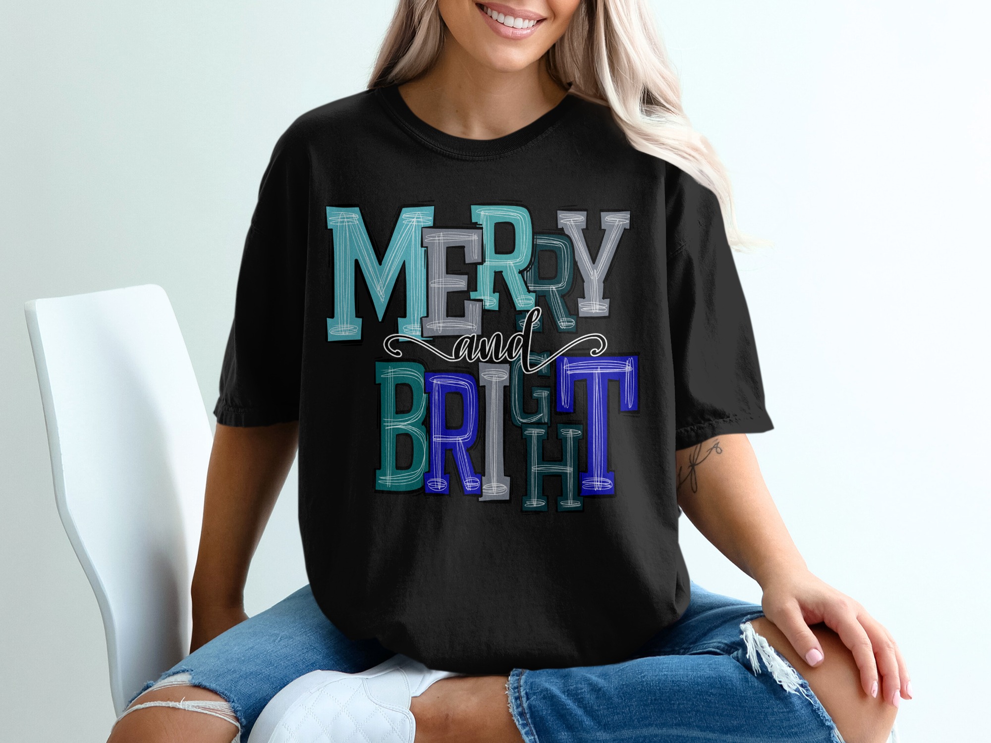 Merry and Bright T-Shirt, Holiday Shirt, Christmas Tee, Festive Top, Seasonal Gift, Holiday Cheer Apparel, Christmas Outfit - Image 2
