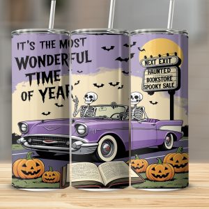 Halloween Tumbler Wrap, Digital Download, Sublimation Design, Skeleton Car, Spooky Season, Wonderful Time Of Year, Pumpkin, Book Digital