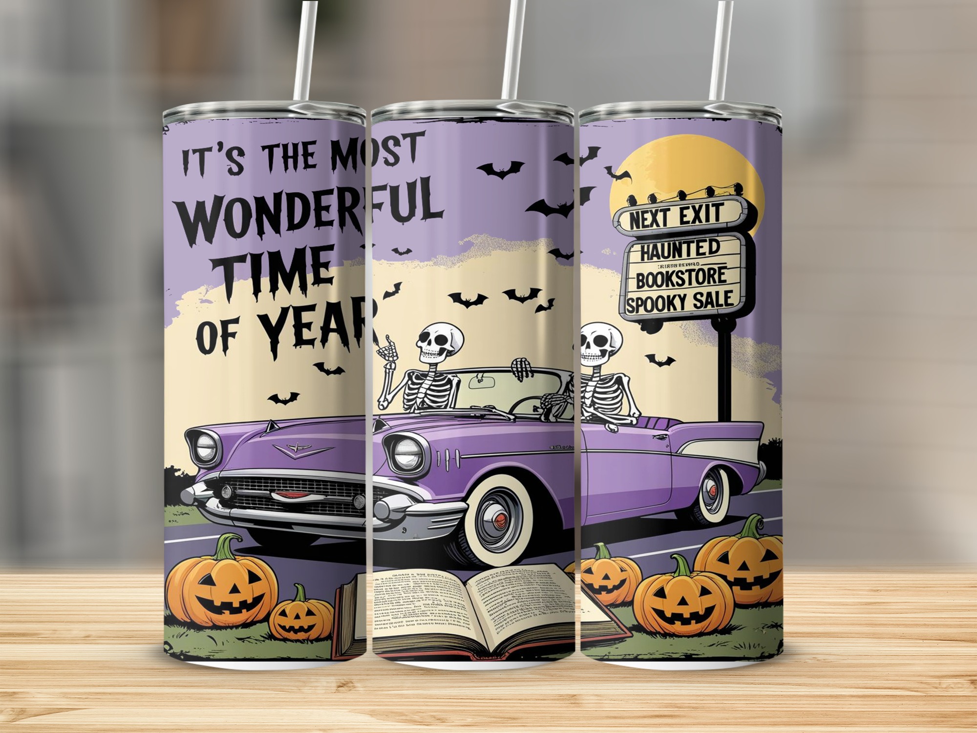 Halloween Tumbler Wrap, Digital Download, Sublimation Design, Skeleton Car, Spooky Season, Wonderful Time Of Year, Pumpkin, Book Digital