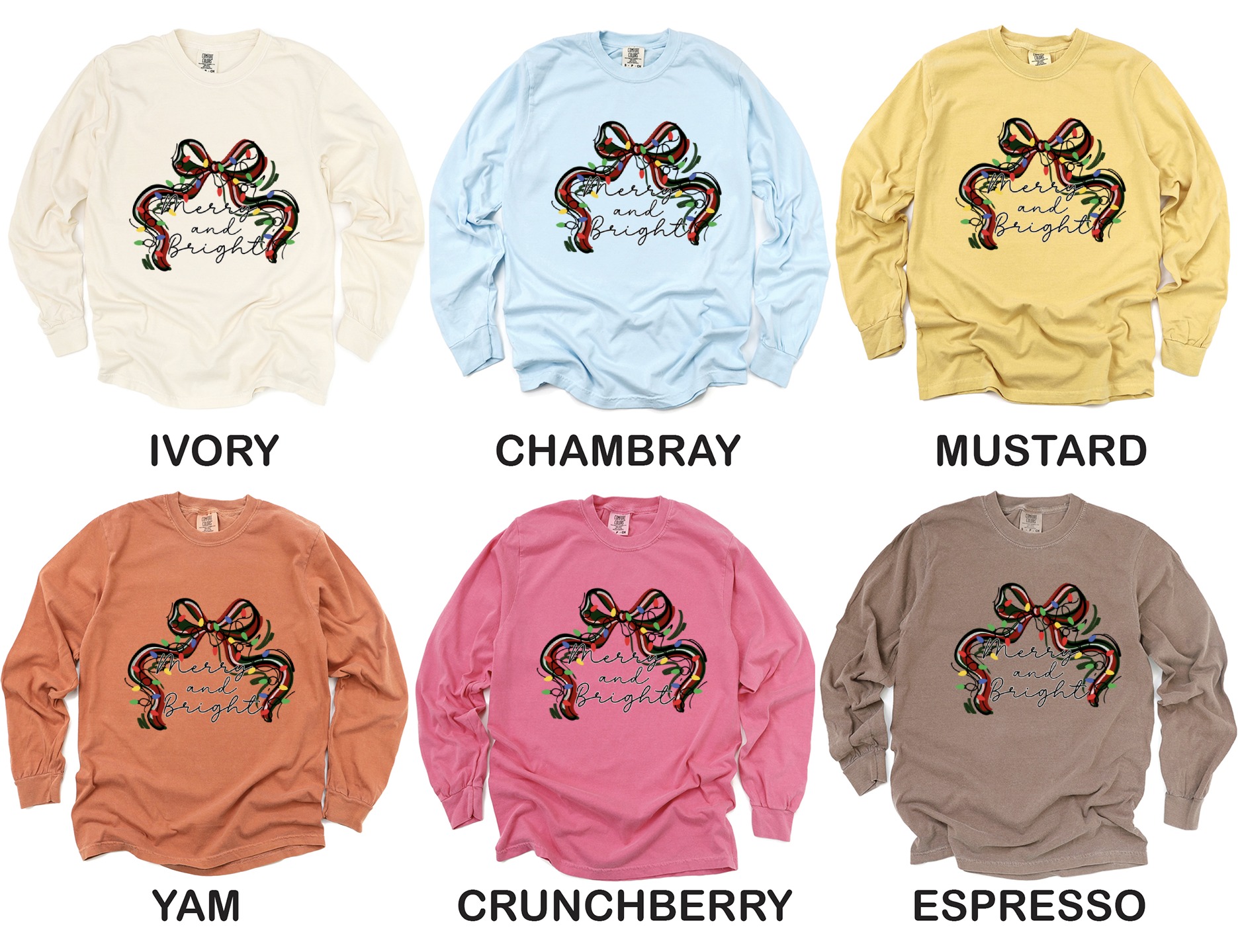 Merry and Bright Long Sleeve T-Shirt, Christmas Bow Shirt, Holiday Long Sleeve Tee, Winter Outfit, Festive Season Shirt, Gift Idea - Image 4
