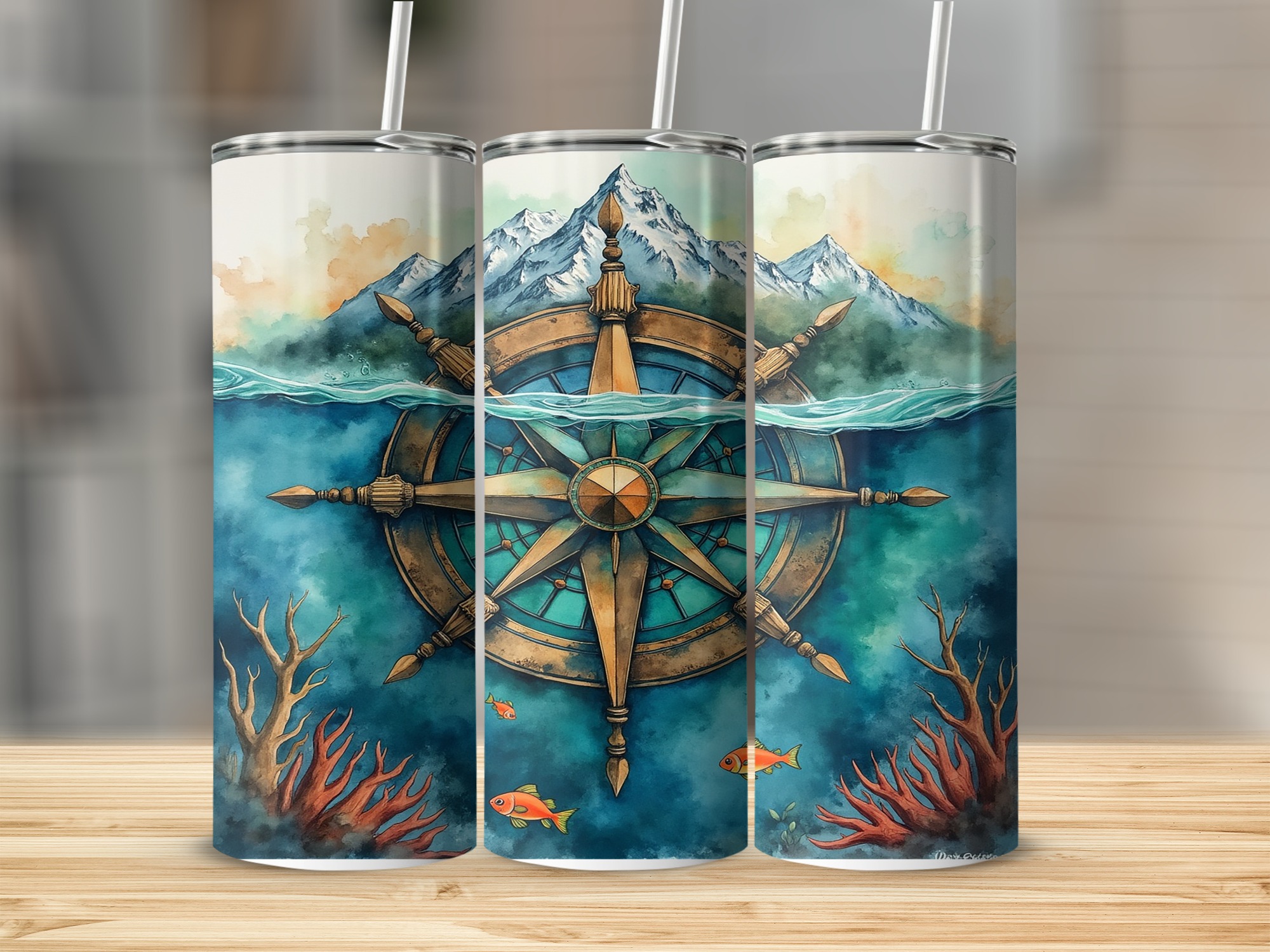 Nautical Compass,Ocean,Mountain 20oz Sublimation Digital Download,Tumbler Design,Waterscape Wrap,Adventure Awaits,Digital Waterscape Tumbler