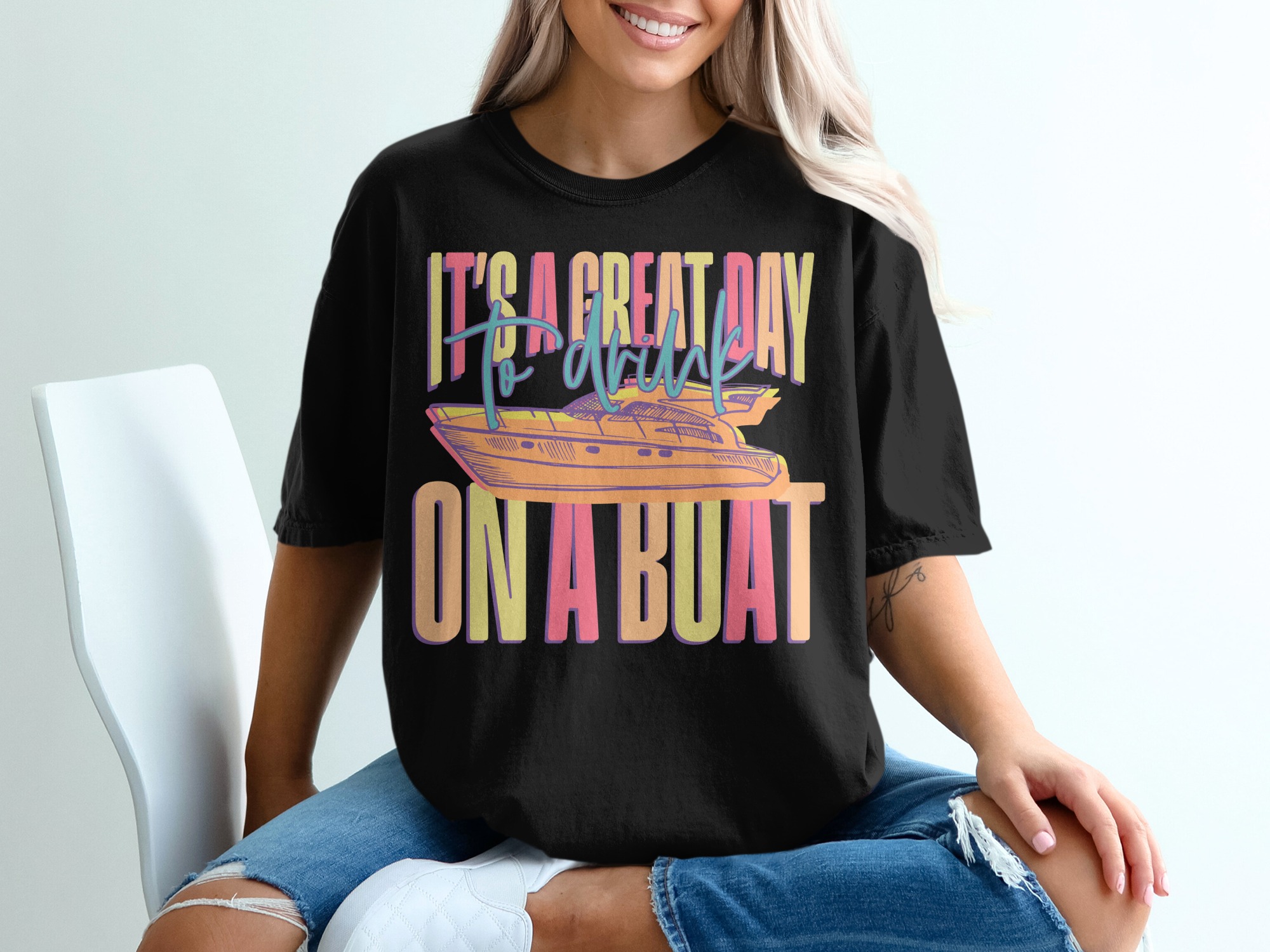 Great Day for Boat T-Shirt, Drinking Boat Tee, Summer Vacation Shirt, Boating Lover Gift, Fun Boat Trip TShirt, Lake Life, Boat Graphic Tee - Image 2