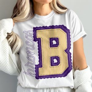 Broncos 'B' Letter T-Shirt, Comfort Colors 1717, Game Day Shirt, College Apparel, Sports Fan Gift, Purple and Gold Team Pride