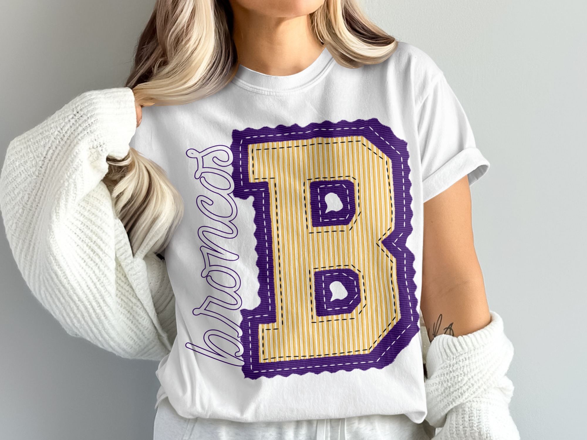 Broncos 'B' Letter T-Shirt, Comfort Colors 1717, Game Day Shirt, College Apparel, Sports Fan Gift, Purple and Gold Team Pride