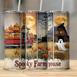 Spooky Farmhouse 20oz Tumbler Wrap Digital Download, Halloween Pumpkin Truck, Scarecrow Ghost Sublimation Design, Full Wrap PNG