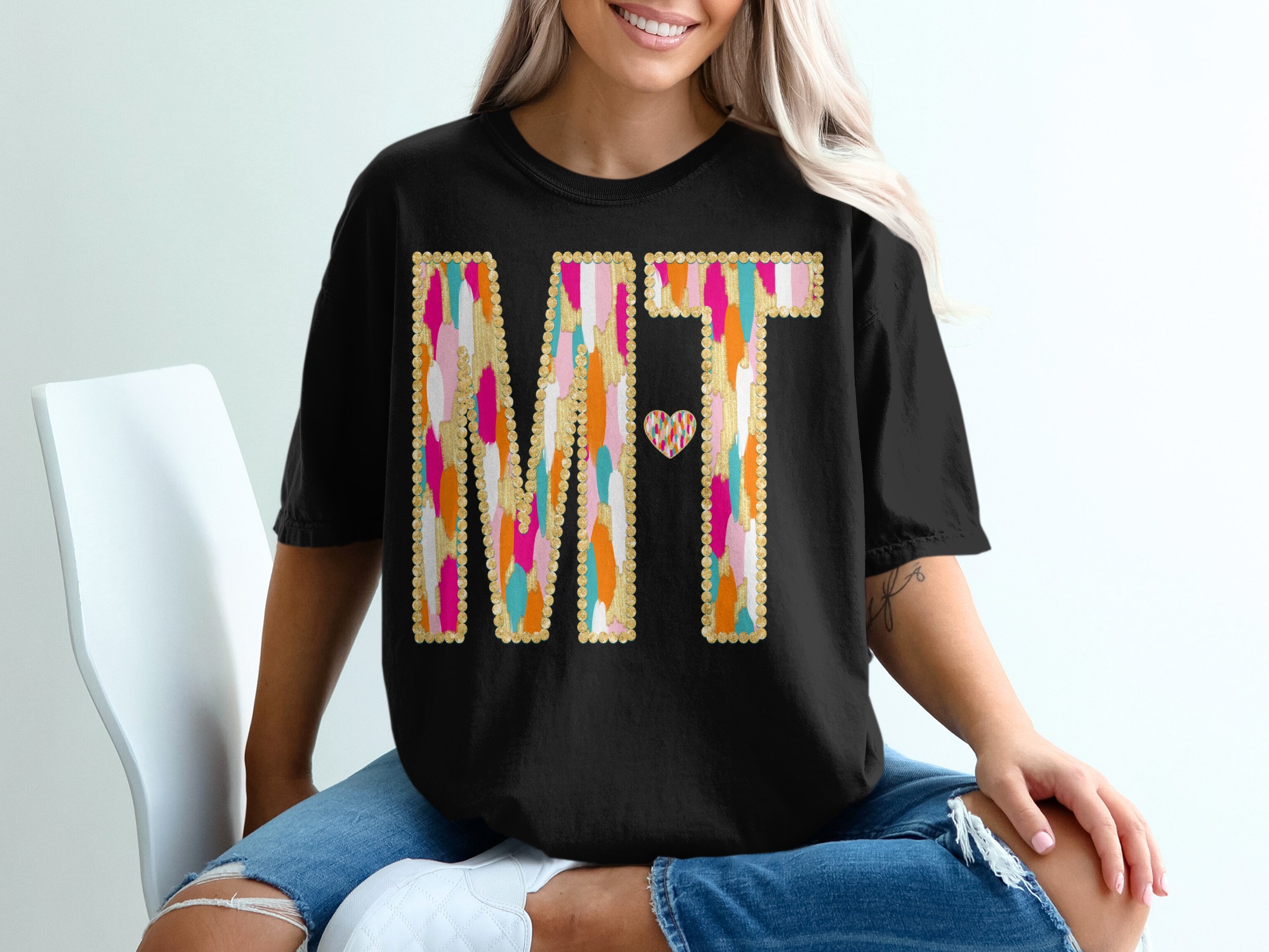 NAT T-Shirt, Colorful Letter Tee, Heart Graphic Shirt, Comfort Colors 1717, Personalized Shirt, Initial T Shirt, Trendy T Shirt - Image 3