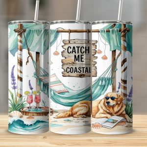 Coastal Dog Tumbler Wrap, Digital Sublimation 20oz Tumbler Download, Beach Golden Retriever Tumbler Design, Summer Tumbler Digital