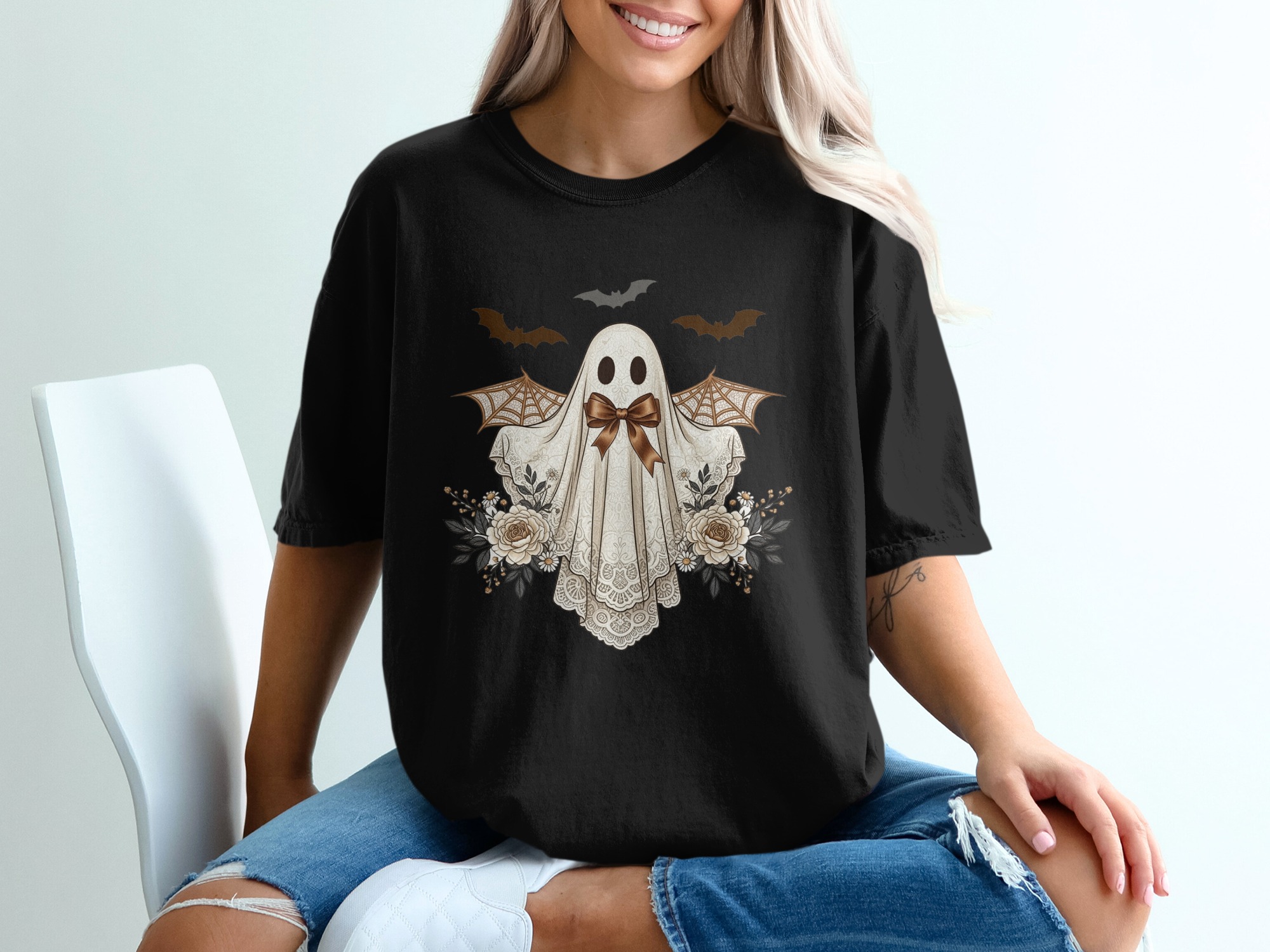 Floral Ghost T Shirt, Cute Spooky Tee, Halloween Apparel, Vintage Ghost Bats Shirt, Trendy Spooky Season Clothing, Gift for Ghost Lovers - Image 2